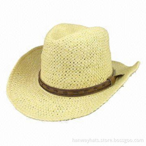 New Style Paper Straw Brimmed Cowboy Hat with Leather Band